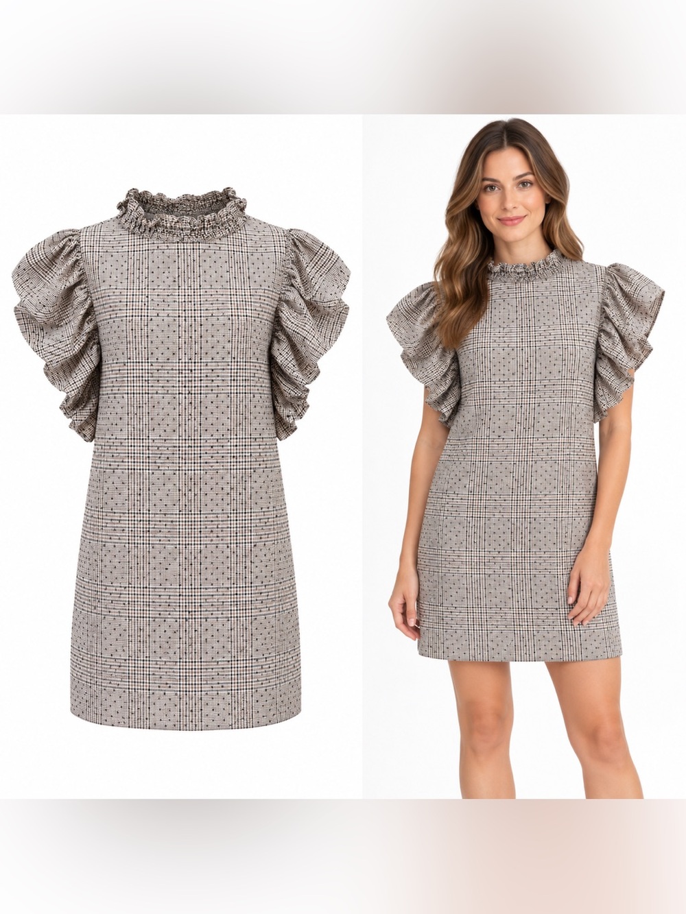 Zara Plaid Ruffle Puff Sleeve Mock Neck Mini Dress M